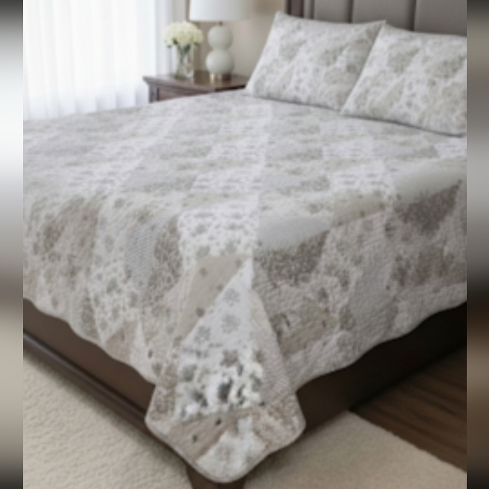 White Gray Beige Floral Cotton 3 Pc King Quilt Storage Bin Set New